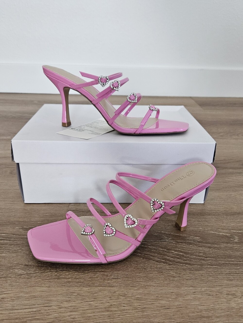 The Drop Naomi Pink Strappy Heeled Sandals with Crystal Heart Accents Size 10